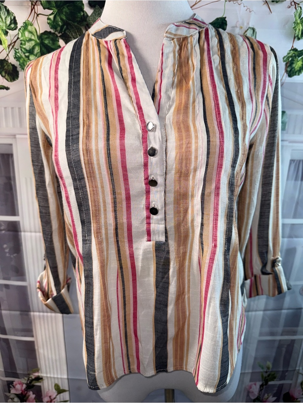 1115- Madison Grey Relaxed Stripe Button-Front Shirt in Cream, Tan & Pink